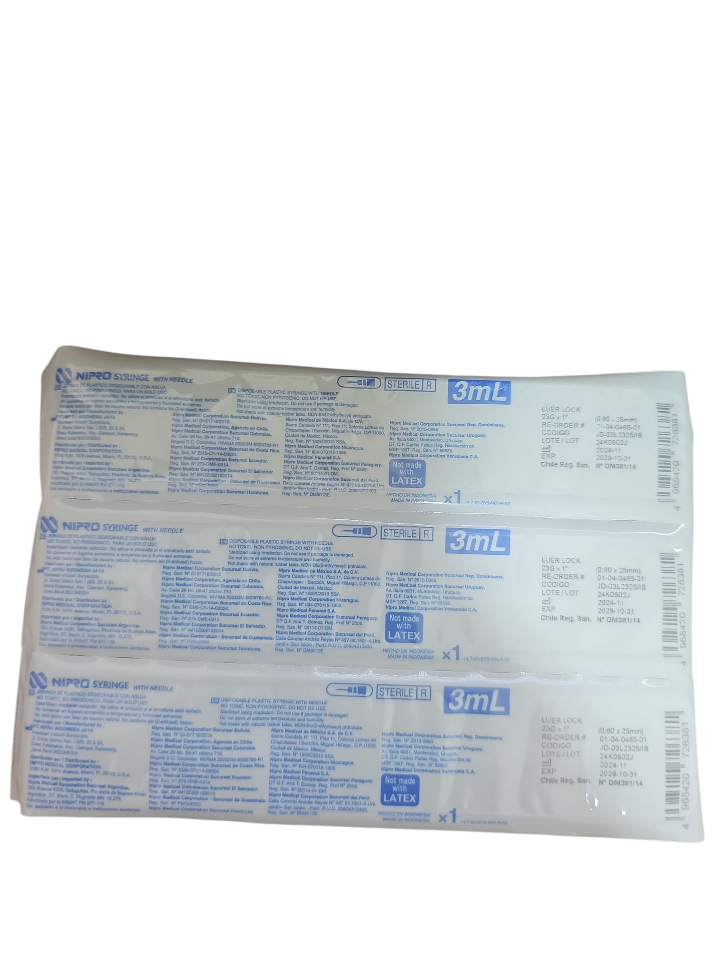 Jeringa Nipro 3mL Azul - Paquete de 100 Piezas