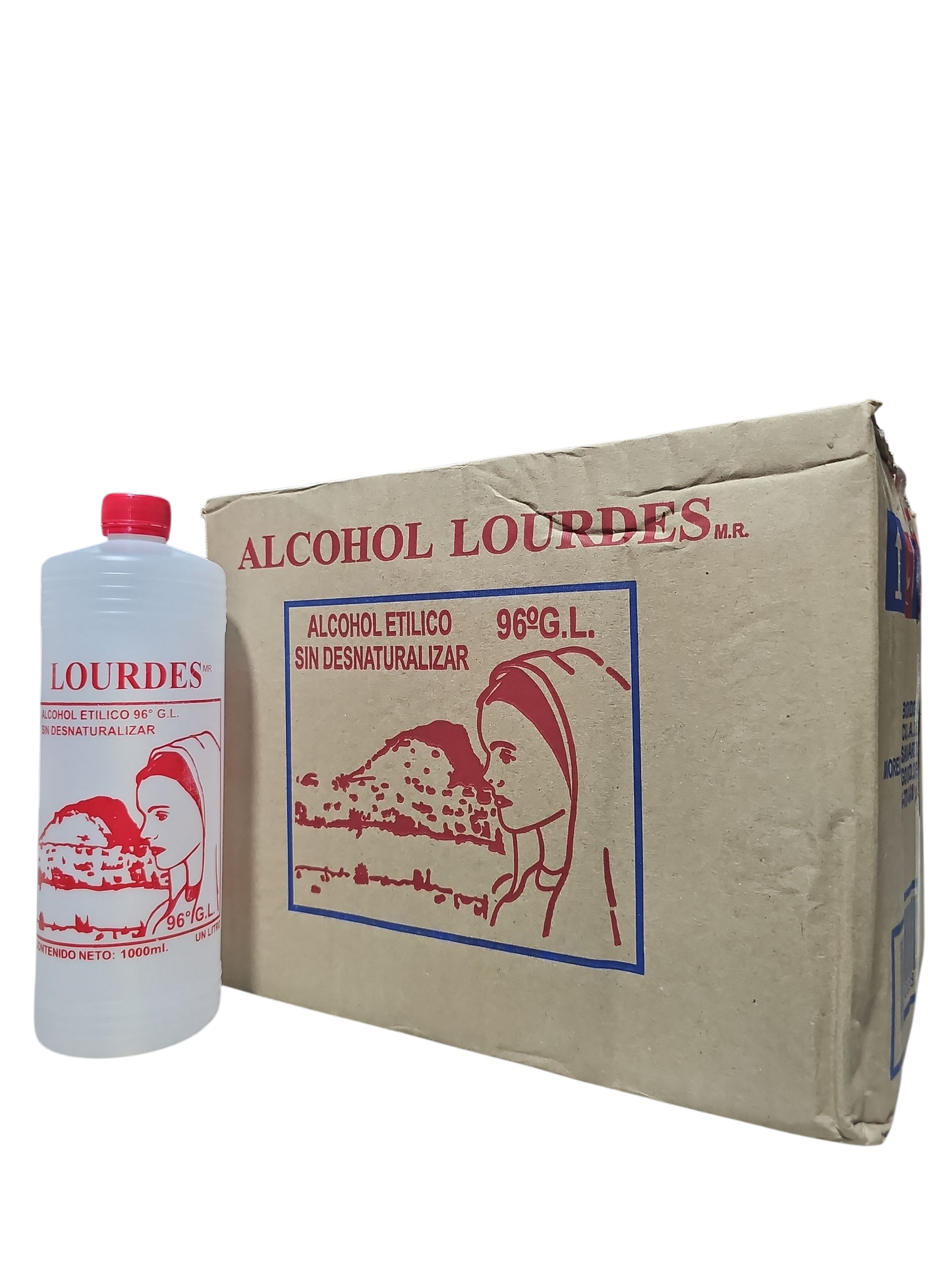 Alcohol Sin Desnaturalizar 96° Lourdes Rojo 1 Litro - Caja Con 12 Piezas