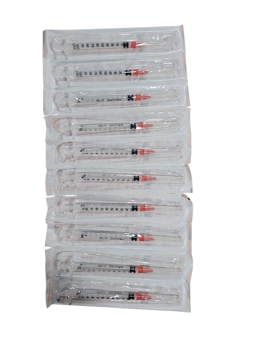 Jeringa Para Insulina Con Aguja 1mL Roja DL 29Gx13mm - Paquete Con 200 Piezas