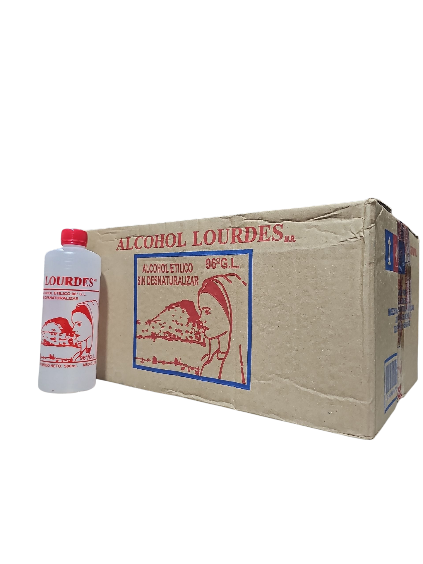 Alcohol Sin Desnaturalizar 96° Lourdes Rojo 500mL - Caja Con 24 Piezas