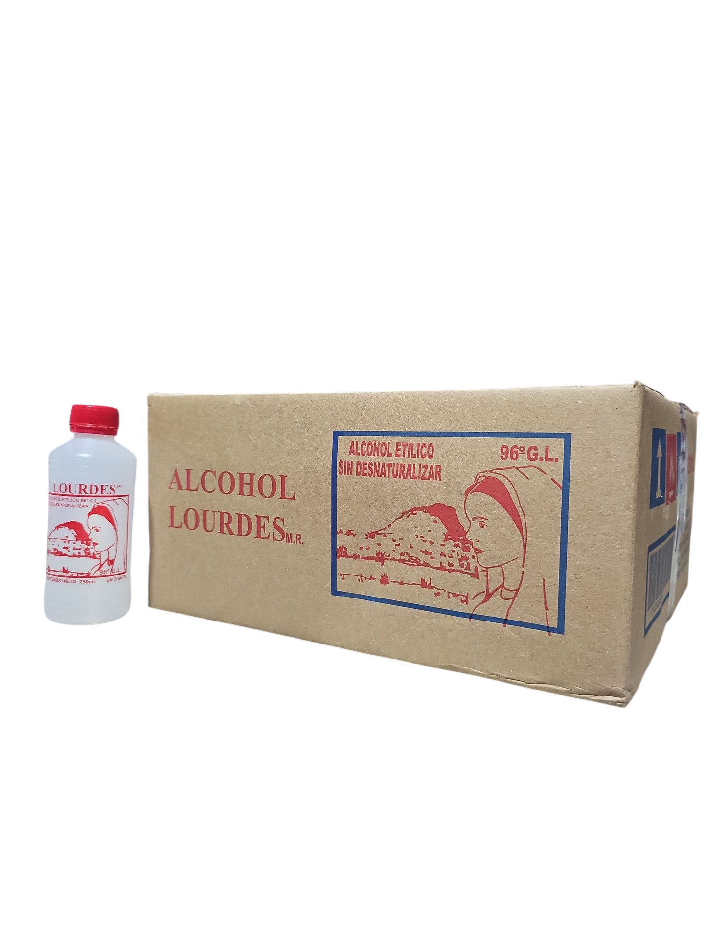 Alcohol Sin Desnaturalizar 96° Lourdes Rojo 250mL - Caja Con 36 Piezas