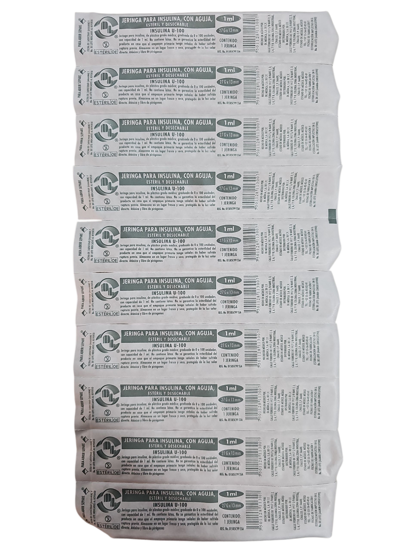 Jeringa Para Insulina Con Aguja 1mL Gris DL 27Gx13mm - Paquete Con 200 Piezas