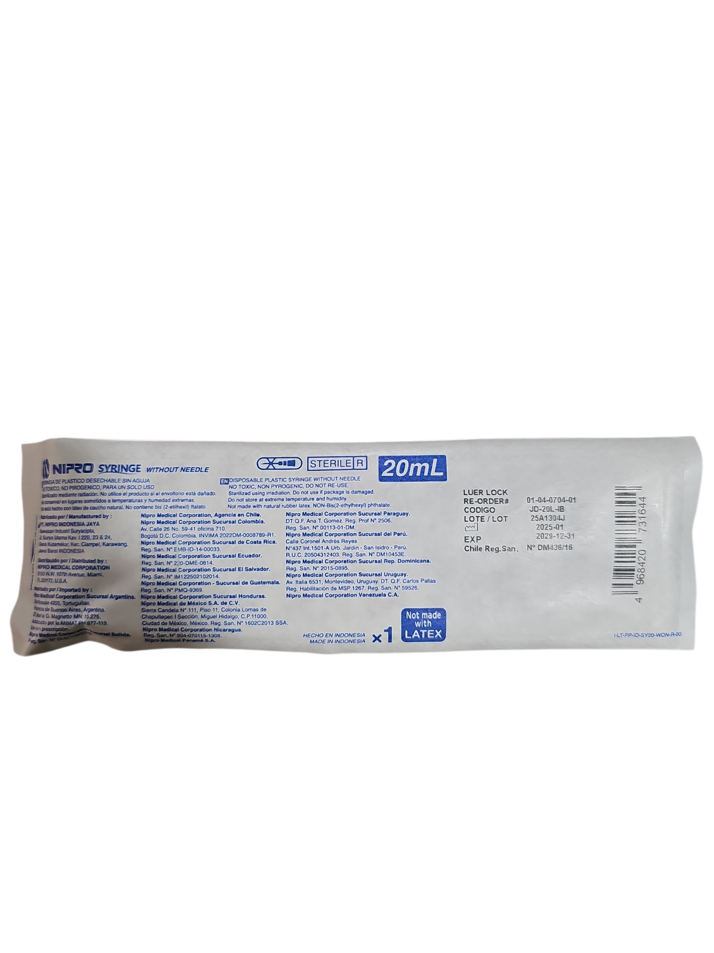 Jeringa Nipro 20mL Sin Aguja - Paquete de 50 Piezas