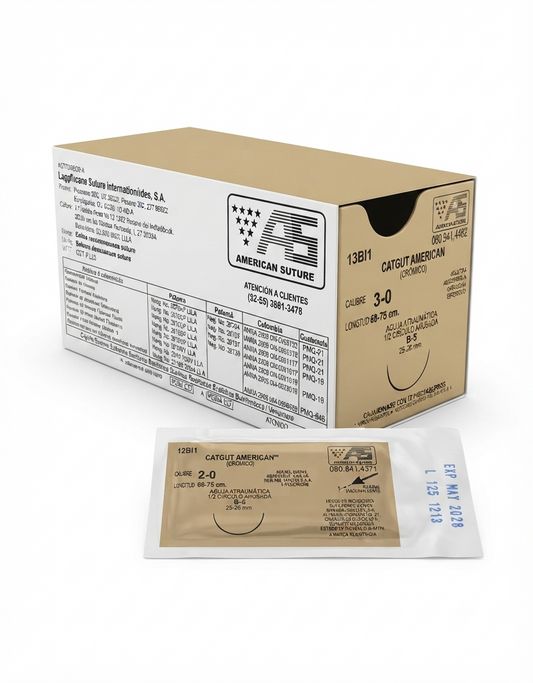 Sutura Catgut Cromica 3-0 AMERICAN SUTURE - Paquete de 12 Piezas