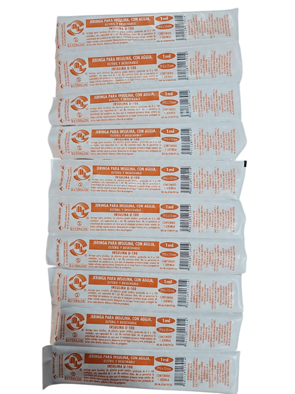 Jeringa Para Insulina  Con Aguja 1mL Roja DL - Paquete Con 200 Piezas