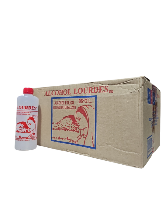Alcohol Sin Desnaturalizar 96° Lourdes Rojo 500mL - Caja Con 24 Piezas