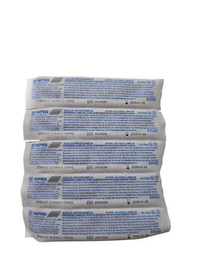 Aguja Hipodermica Gris 27g X 1/2'' Nipro Caja C/100