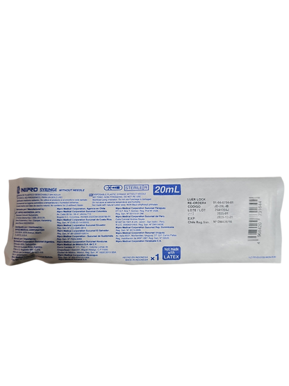 Jeringa Nipro 20mL Sin Aguja - Paquete de 50 Piezas